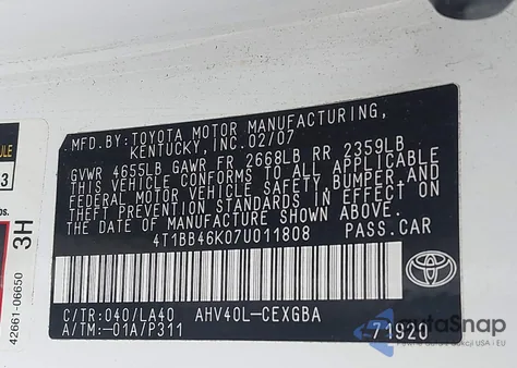 2007 Toyota Camry Hybrid from USA, damaged, VIN 4T1BB46K07U011808